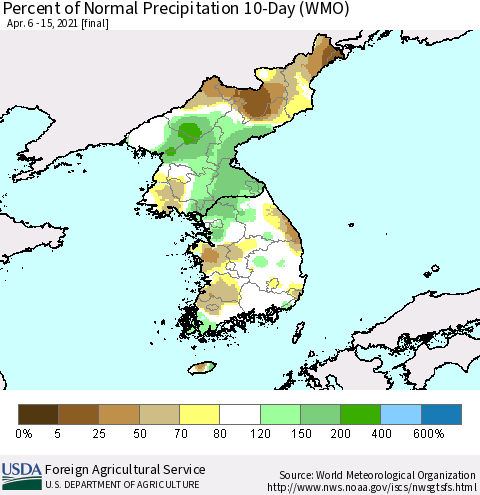 Korea Percent of Normal Precipitation 10-Day (WMO) Thematic Map For 4/6/2021 - 4/15/2021