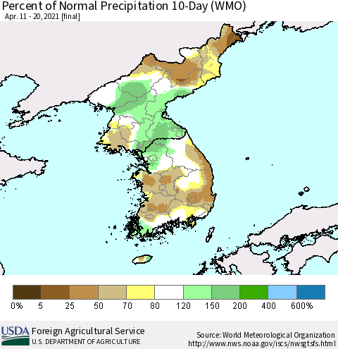 Korea Percent of Normal Precipitation 10-Day (WMO) Thematic Map For 4/11/2021 - 4/20/2021