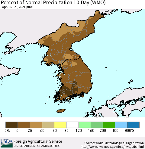 Korea Percent of Normal Precipitation 10-Day (WMO) Thematic Map For 4/16/2021 - 4/25/2021