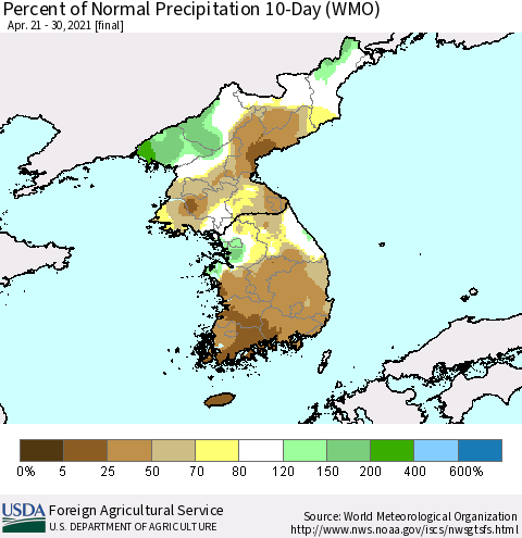 Korea Percent of Normal Precipitation 10-Day (WMO) Thematic Map For 4/21/2021 - 4/30/2021
