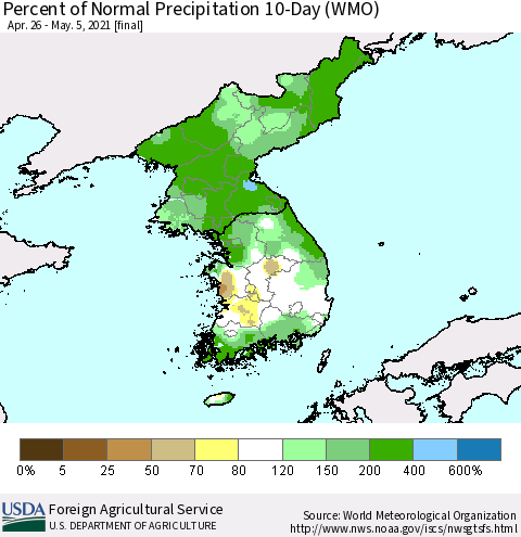 Korea Percent of Normal Precipitation 10-Day (WMO) Thematic Map For 4/26/2021 - 5/5/2021
