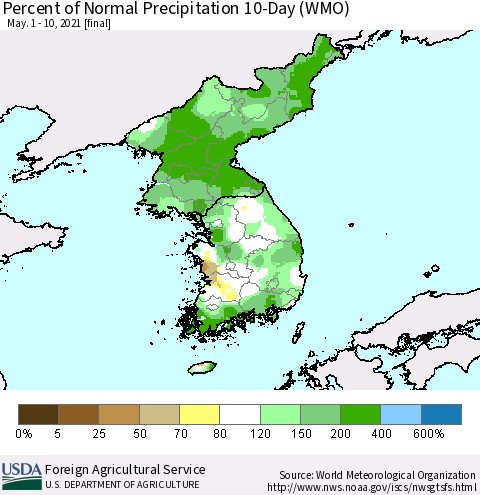 Korea Percent of Normal Precipitation 10-Day (WMO) Thematic Map For 5/1/2021 - 5/10/2021