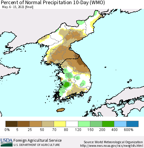 Korea Percent of Normal Precipitation 10-Day (WMO) Thematic Map For 5/6/2021 - 5/15/2021