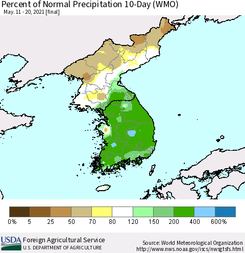 Korea Percent of Normal Precipitation 10-Day (WMO) Thematic Map For 5/11/2021 - 5/20/2021