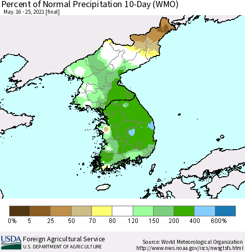 Korea Percent of Normal Precipitation 10-Day (WMO) Thematic Map For 5/16/2021 - 5/25/2021