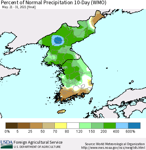 Korea Percent of Normal Precipitation 10-Day (WMO) Thematic Map For 5/21/2021 - 5/31/2021