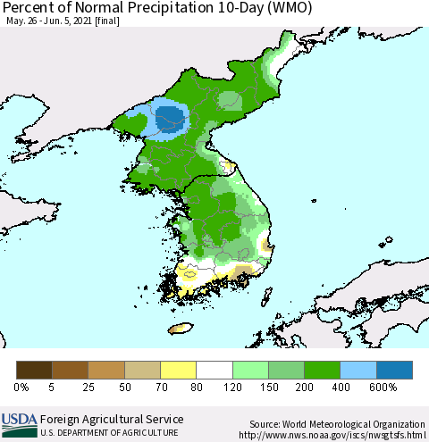 Korea Percent of Normal Precipitation 10-Day (WMO) Thematic Map For 5/26/2021 - 6/5/2021