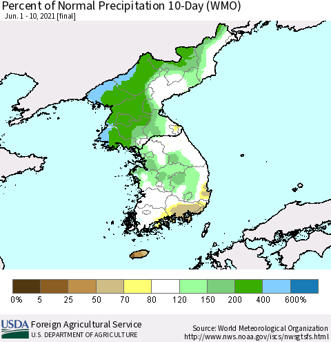Korea Percent of Normal Precipitation 10-Day (WMO) Thematic Map For 6/1/2021 - 6/10/2021