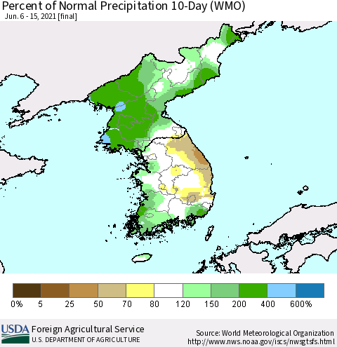 Korea Percent of Normal Precipitation 10-Day (WMO) Thematic Map For 6/6/2021 - 6/15/2021