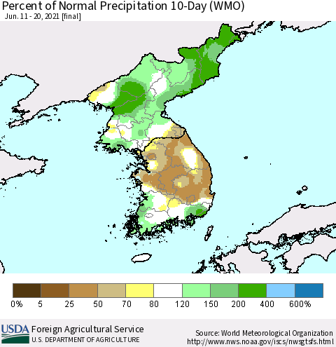 Korea Percent of Normal Precipitation 10-Day (WMO) Thematic Map For 6/11/2021 - 6/20/2021