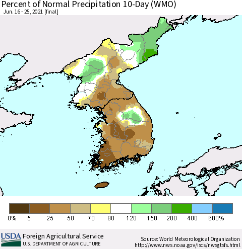 Korea Percent of Normal Precipitation 10-Day (WMO) Thematic Map For 6/16/2021 - 6/25/2021