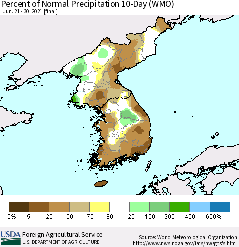 Korea Percent of Normal Precipitation 10-Day (WMO) Thematic Map For 6/21/2021 - 6/30/2021