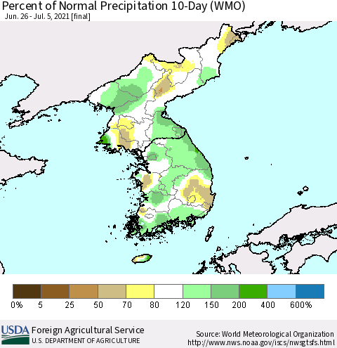 Korea Percent of Normal Precipitation 10-Day (WMO) Thematic Map For 6/26/2021 - 7/5/2021