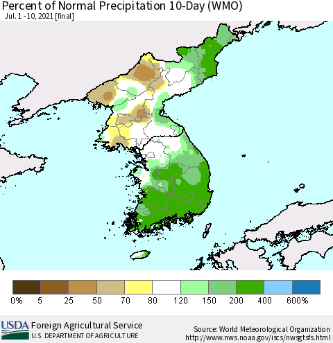 Korea Percent of Normal Precipitation 10-Day (WMO) Thematic Map For 7/1/2021 - 7/10/2021