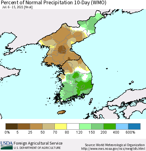 Korea Percent of Normal Precipitation 10-Day (WMO) Thematic Map For 7/6/2021 - 7/15/2021