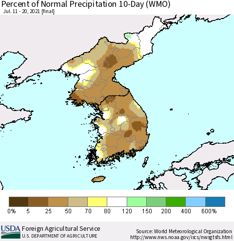 Korea Percent of Normal Precipitation 10-Day (WMO) Thematic Map For 7/11/2021 - 7/20/2021