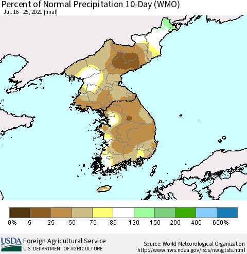 Korea Percent of Normal Precipitation 10-Day (WMO) Thematic Map For 7/16/2021 - 7/25/2021