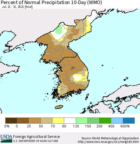 Korea Percent of Normal Precipitation 10-Day (WMO) Thematic Map For 7/21/2021 - 7/31/2021