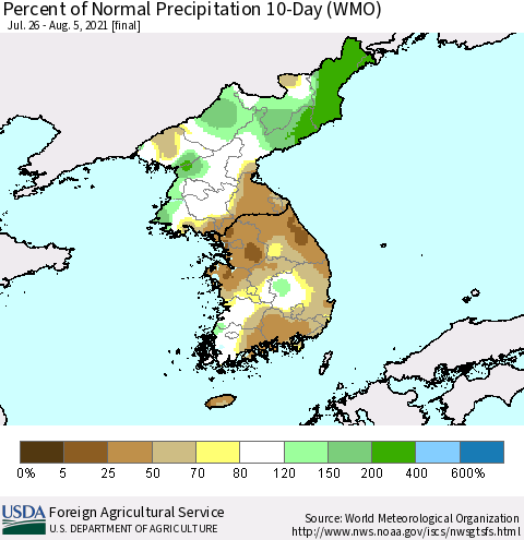Korea Percent of Normal Precipitation 10-Day (WMO) Thematic Map For 7/26/2021 - 8/5/2021