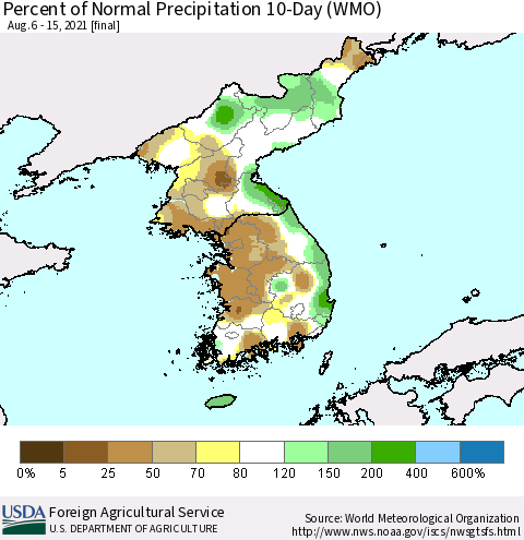 Korea Percent of Normal Precipitation 10-Day (WMO) Thematic Map For 8/6/2021 - 8/15/2021