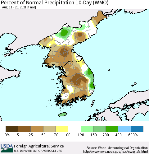 Korea Percent of Normal Precipitation 10-Day (WMO) Thematic Map For 8/11/2021 - 8/20/2021