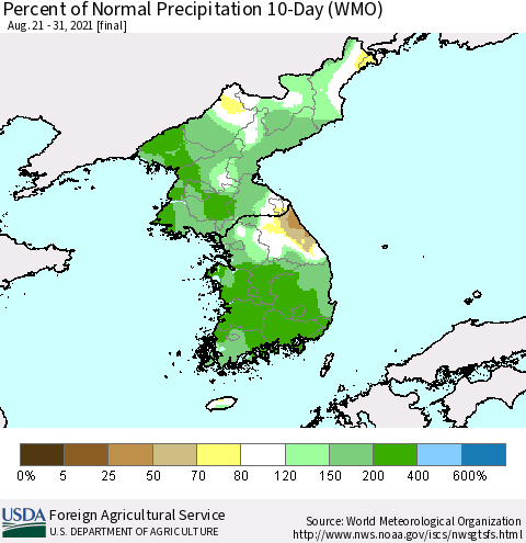 Korea Percent of Normal Precipitation 10-Day (WMO) Thematic Map For 8/21/2021 - 8/31/2021