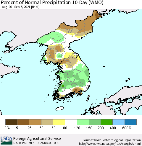 Korea Percent of Normal Precipitation 10-Day (WMO) Thematic Map For 8/26/2021 - 9/5/2021