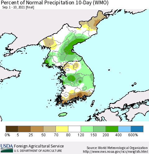 Korea Percent of Normal Precipitation 10-Day (WMO) Thematic Map For 9/1/2021 - 9/10/2021