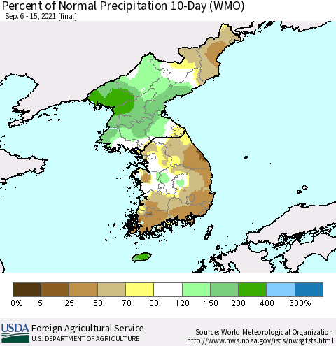 Korea Percent of Normal Precipitation 10-Day (WMO) Thematic Map For 9/6/2021 - 9/15/2021