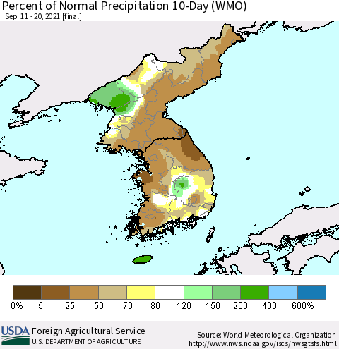 Korea Percent of Normal Precipitation 10-Day (WMO) Thematic Map For 9/11/2021 - 9/20/2021