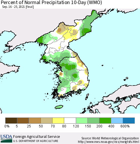 Korea Percent of Normal Precipitation 10-Day (WMO) Thematic Map For 9/16/2021 - 9/25/2021