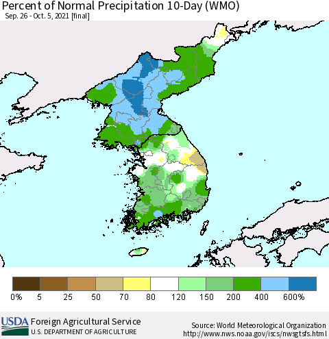Korea Percent of Normal Precipitation 10-Day (WMO) Thematic Map For 9/26/2021 - 10/5/2021