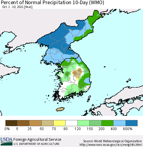 Korea Percent of Normal Precipitation 10-Day (WMO) Thematic Map For 10/1/2021 - 10/10/2021