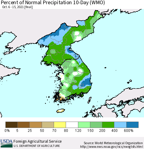 Korea Percent of Normal Precipitation 10-Day (WMO) Thematic Map For 10/6/2021 - 10/15/2021