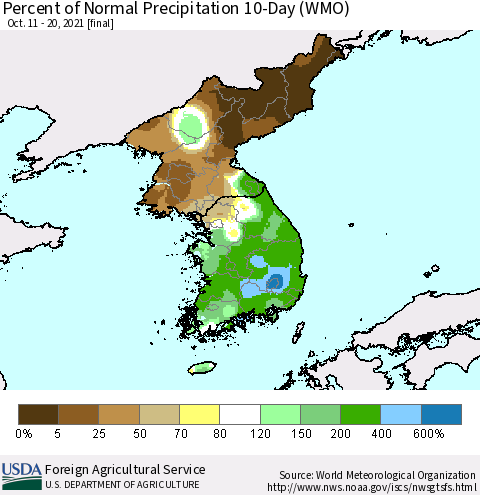 Korea Percent of Normal Precipitation 10-Day (WMO) Thematic Map For 10/11/2021 - 10/20/2021