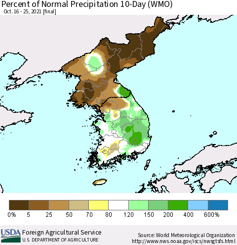 Korea Percent of Normal Precipitation 10-Day (WMO) Thematic Map For 10/16/2021 - 10/25/2021