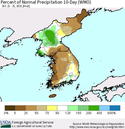 Korea Percent of Normal Precipitation 10-Day (WMO) Thematic Map For 10/21/2021 - 10/31/2021