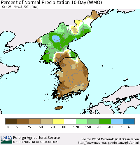 Korea Percent of Normal Precipitation 10-Day (WMO) Thematic Map For 10/26/2021 - 11/5/2021