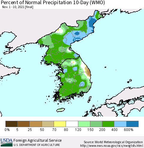 Korea Percent of Normal Precipitation 10-Day (WMO) Thematic Map For 11/1/2021 - 11/10/2021