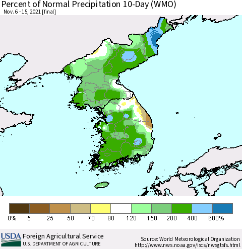 Korea Percent of Normal Precipitation 10-Day (WMO) Thematic Map For 11/6/2021 - 11/15/2021
