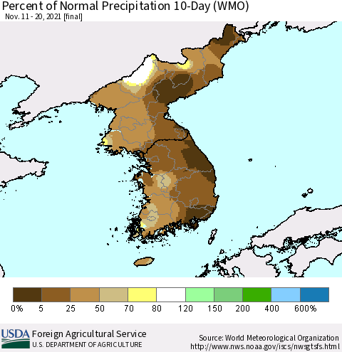 Korea Percent of Normal Precipitation 10-Day (WMO) Thematic Map For 11/11/2021 - 11/20/2021