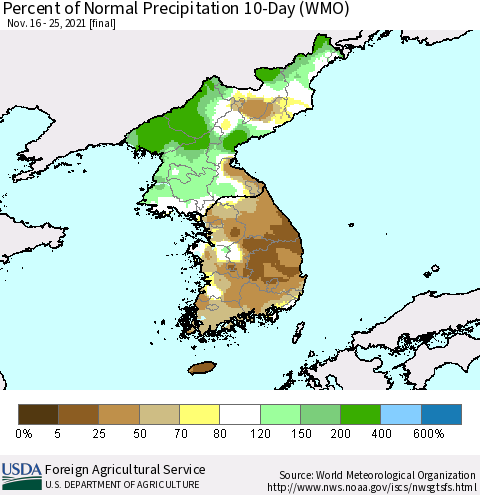 Korea Percent of Normal Precipitation 10-Day (WMO) Thematic Map For 11/16/2021 - 11/25/2021