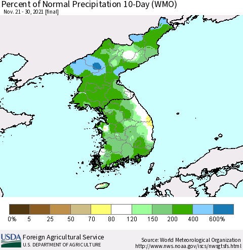 Korea Percent of Normal Precipitation 10-Day (WMO) Thematic Map For 11/21/2021 - 11/30/2021