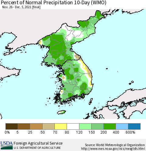 Korea Percent of Normal Precipitation 10-Day (WMO) Thematic Map For 11/26/2021 - 12/5/2021