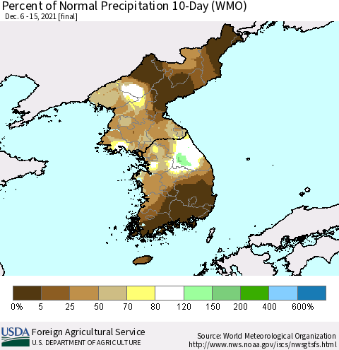 Korea Percent of Normal Precipitation 10-Day (WMO) Thematic Map For 12/6/2021 - 12/15/2021