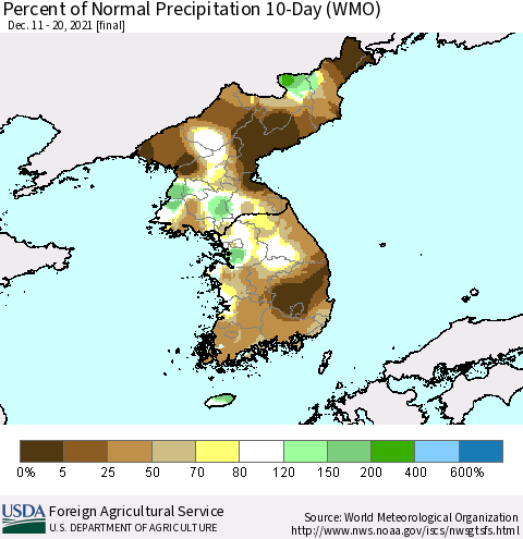 Korea Percent of Normal Precipitation 10-Day (WMO) Thematic Map For 12/11/2021 - 12/20/2021