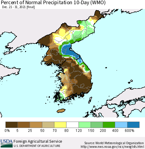 Korea Percent of Normal Precipitation 10-Day (WMO) Thematic Map For 12/21/2021 - 12/31/2021