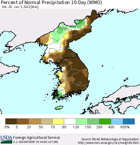 Korea Percent of Normal Precipitation 10-Day (WMO) Thematic Map For 12/26/2021 - 1/5/2022