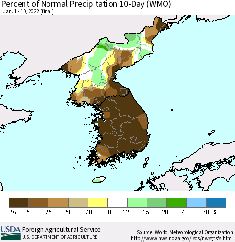 Korea Percent of Normal Precipitation 10-Day (WMO) Thematic Map For 1/1/2022 - 1/10/2022
