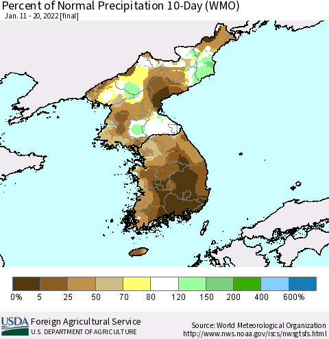 Korea Percent of Normal Precipitation 10-Day (WMO) Thematic Map For 1/11/2022 - 1/20/2022